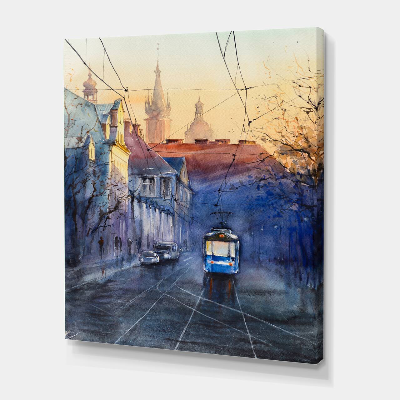 Designart - Blue Tram At Sunset With Church During Sunset - Nautical & Coastal Canvas Wall Art Print